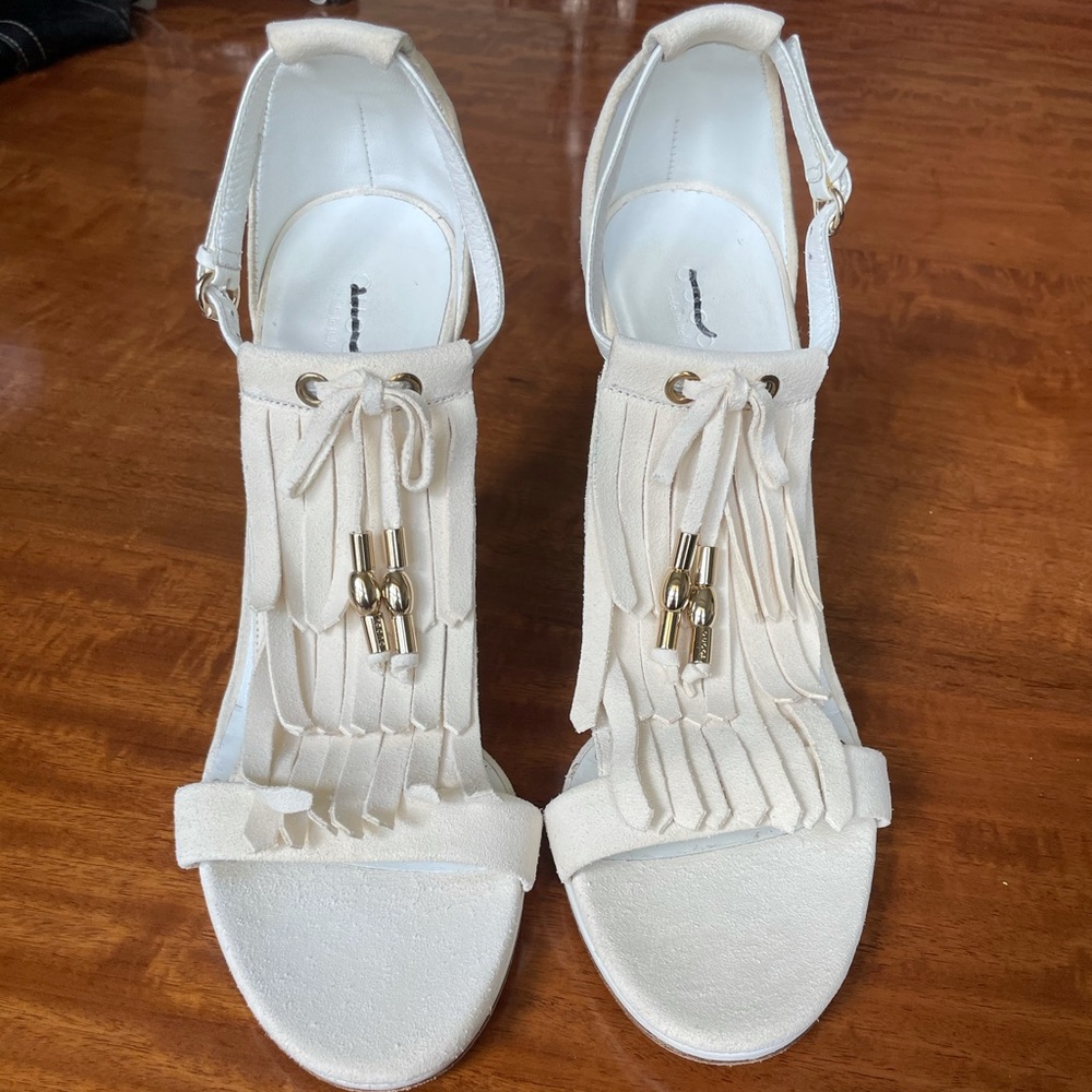 Gucci Suede Fringe Accent T-Strap Sandals
